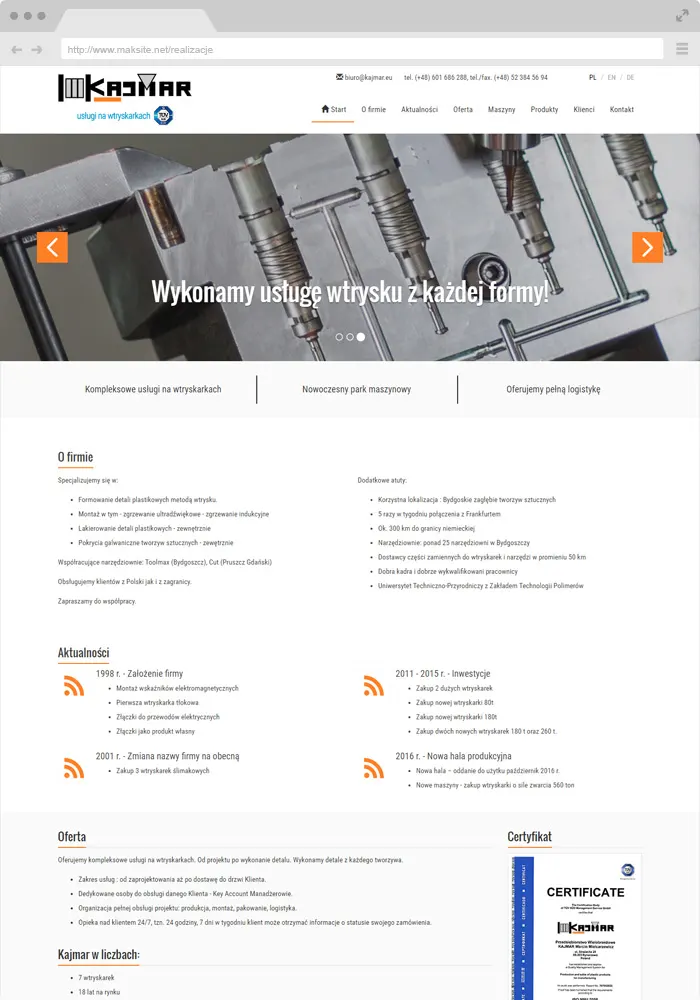 Sample website design - services on injection molding machines